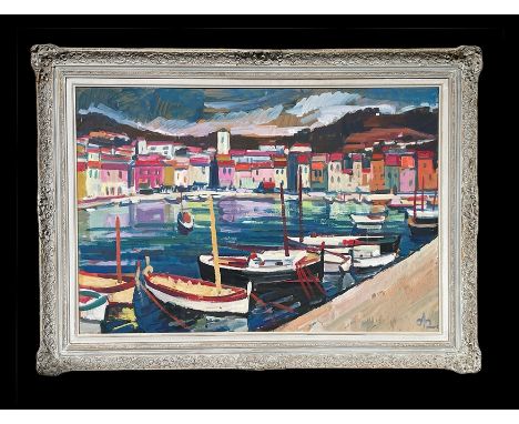 Oßwald, Karl (1925 - 1972 Riedheim)"Blick auf Hafen von Portofino"; ÖL/Pavatex; rechts unten sign.; 87 x 127 cm; R (111 x 151