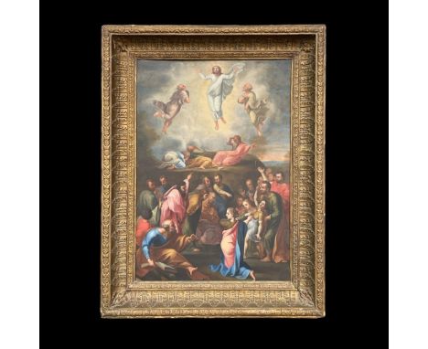 Italienisch (wohl 18.Jh.)"Verklärung Christi"; Darstellung nach Raffael; ÖL/Kupferblech; ca. 70 x 50 cm; R (86 x 66 x 8,5 cm)