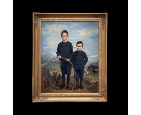 Büche, Josef (Wien 1848 - 1917)"Knabenpaar" mit einem Holzreif vor sich haltend; in Voralpenlandschaft; ÖL/LW (doubliert); re