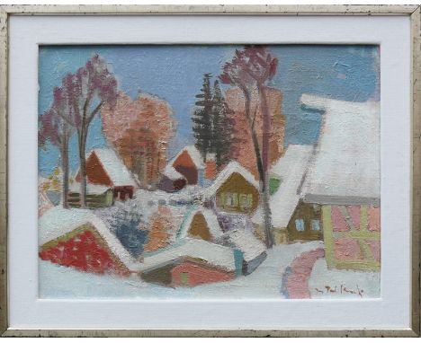Schmitz, Jean Paul (Wesseling 1899 - 1970 Singen)"Winterlandschaft am Bodensee"; Blick auf schneebedeckte Dächer von einem Do