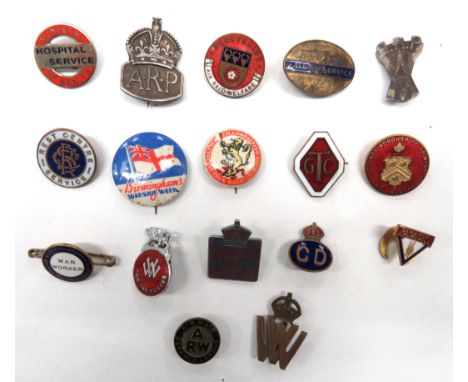 17 x Home Front Lapel Badges including silver hallmarked KC ARP ... Silver Vickers Armstrong ARP ... Brass and enamel L.N.E.R