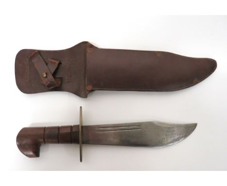 WW2 Indian Made Chindit V-44 Combat Knife 9 inch, single edged blade widening towards the clipped point. &nbsp;Two narrow ful