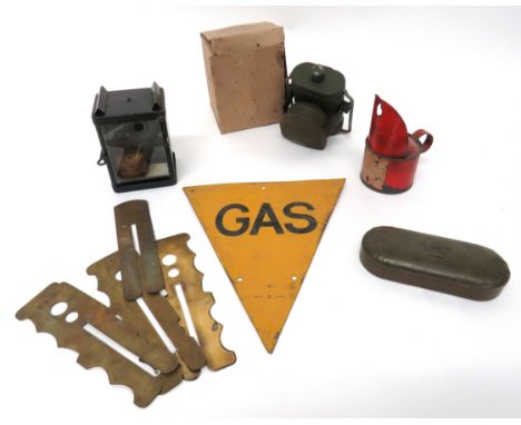 Small Selection Of Home Front Items consisting yellow and black "GAS" diamond tin sign. &nbsp;The base dated "8/40" ... "Lint