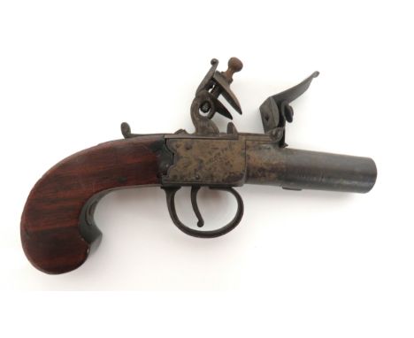 Early 19th Century Boxlock Flintlock Pocket Pistol .450, 1 3/4 inch, turn off barrel. &nbsp;Boxlock body marked "Howe Colches