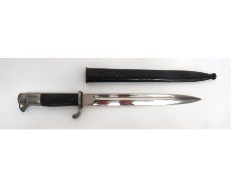 WW2 German K98 Parade Bayonet 9 3/4 inch, single edged, plated blade. &nbsp;Narrow fuller. &nbsp;Plated, turn up crossguard a