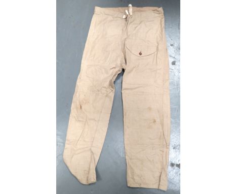 WW2 Khaki Camouflaged Windproof Over Trousers light khaki tan, cotton, wide leg over trousers. &nbsp;Front of left leg with l