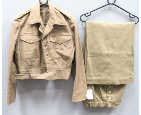 WW2 ATS Battledress Blouse And Slacks khaki, fine woollen, pressed, open collar, short jacket. &nbsp;Lower extended belt. &nb