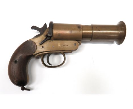 Deactivated WW1 Webley &amp; Scott Brass Flare Pistol 1 inch, 5 1/2 inch, brass barrel flared at the muzzle. &nbsp;Steel barr