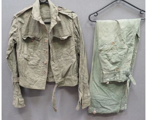 WW2 Far East Battledress Jacket And Trousers green, Aertex, single breasted, closed collar, short jacket. &nbsp;Lower extende