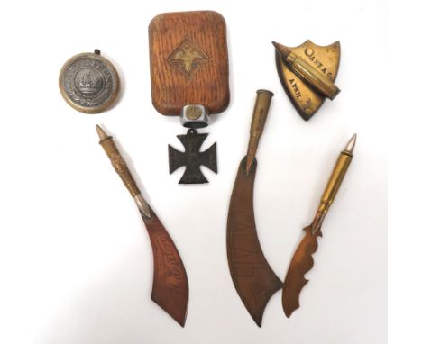 Selection Of Trench Art consisting desk lighter using German buckle centres ... Wooden cigarette case. &nbsp;The front with i