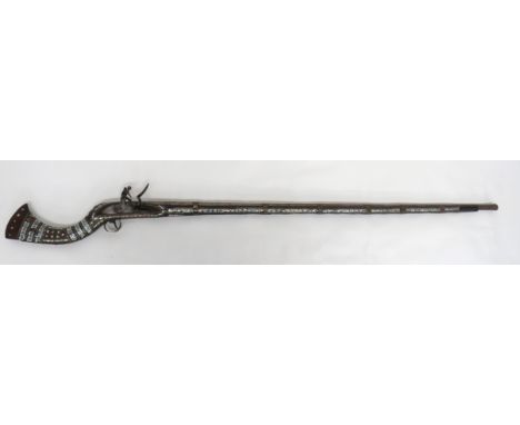 19th Century Indian Flintlock Jezail Musket 51 inch, smoothbore barrel with flare out muzzle. &nbsp;Military pattern lock pla