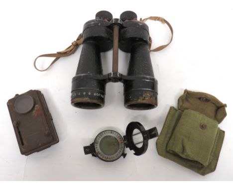 British Army Binoculars, Compass And Torch consisting Binoculars No 5 MKIV service binoculars.  Blackened body.  Optic dusty.
