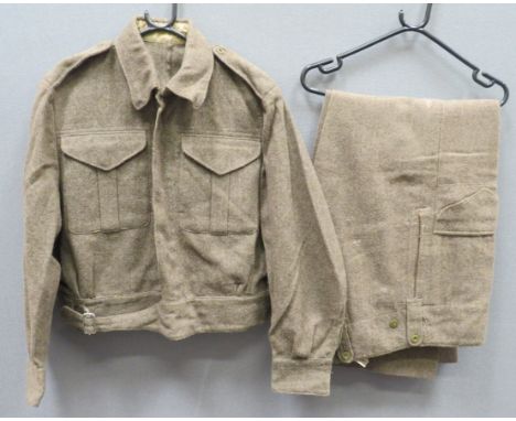 WW2 Canadian Made Battledress Jacket And Trousers khaki green, woollen, single breasted, closed collar, short jacket. &nbsp;L