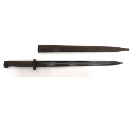 Yugoslavian M1924 Mauser Bayonet 15 1/4 inch, single edged, blued blade. &nbsp;Narrow fuller. &nbsp;Forte with maker's stamp.