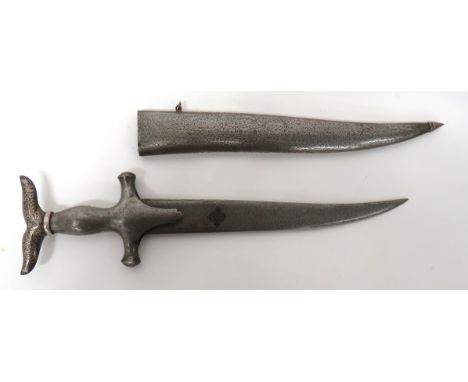 Early 20th Century Indian All Steel Chilanum Dagger 11 1/2 inch, double edged, yataghan shape, Damascus decorated blade. &nbs