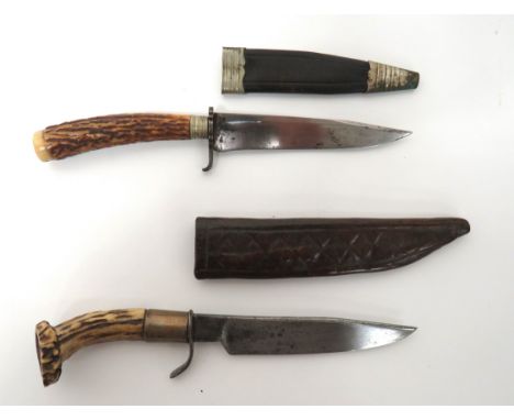 Two Antler Grip Combat/Hunting Knives consisting single edged example. &nbsp;Blade stamped "Keil". &nbsp;Steel, scallop edge,