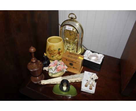 A box of miscellaneous items including hand turned letter opener and carriage clock&nbsp;
