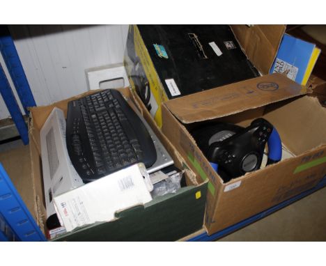 Three boxes containing computer keyboard, computer accessories, telephones, game console controllers etc.