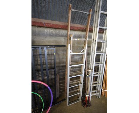 A wooden double extending ladder and a single metal step ladder AF
