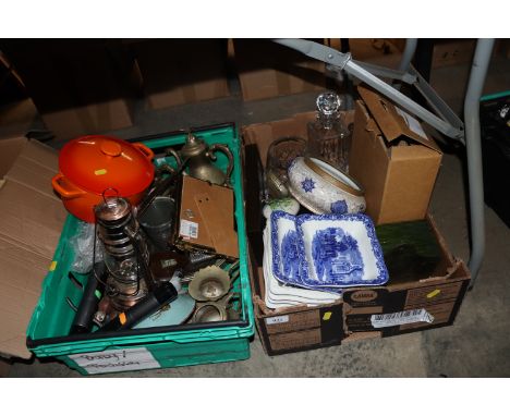 Two boxes of various sundry items including decanter and stoppers, Le creuset style cooking pot etc