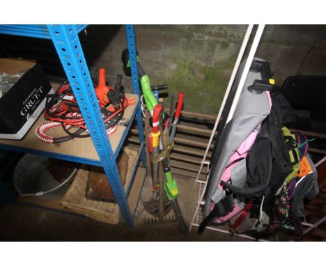 A quantity of gardening tools to include a 'The Handy' cordless electric hedge trimmer, a pair of Woolf tools, garden shears,