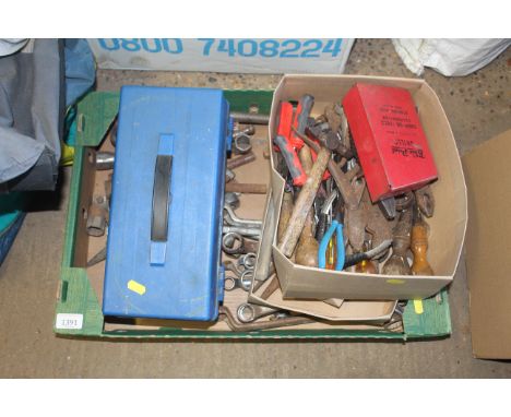 A box containing a quantity of tools to include ring spanners; plastic tool box and a quantity of various fixings; nails; scr