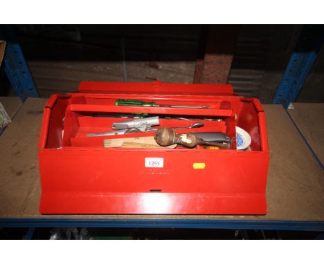 A Halfords red metal tool box with interior tool tray and contents of various tools