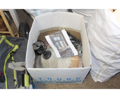 A box containing five pendant light fittings with opaque glass shades and two wall mounted light fittings