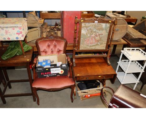 An oak and needlework firescreen, a reproduction mahogany drop leaf table and a button upholstered elbow chair