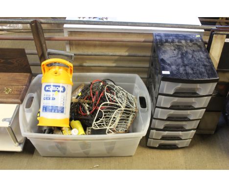 A set of six plastic drawers and various tools to include scrapers, paint rollers, brushes, a Hozelock spray bottle, wire bas