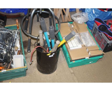 A coal bucket and contents of various tools to include garden shears; foot pump etc