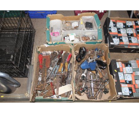Three boxes of various tools to include saws; spanners; screwdrivers; various fixings; shoe stretchers etc