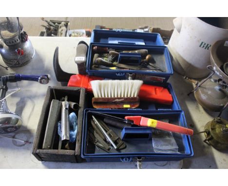 Two plastic tool boxes and contents of various hand tools to include a Wolf Tool RI-W hand operated shears, a shoe last, a wa