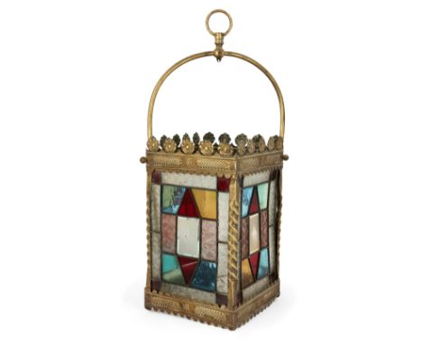 Gothic Revival Aesthetic Movement hall lantern with leaded polychrome glass panels, circa 1880 Brass, glass Unsigned 58cm hig