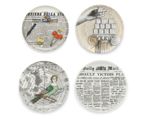 Pierro Fornasetti (1913-1988) Four plates, 'Giornal', 'Gentili', 'Trompe-l'oeil' & 'Calendario' series, circa 1970-2000 Print