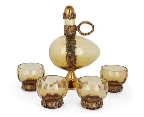 Pentti Sarpaneva (1925-1978) for Humpilla Glass liquor set, comprising decanter and four glasses, circa 1979 Amber coloured g