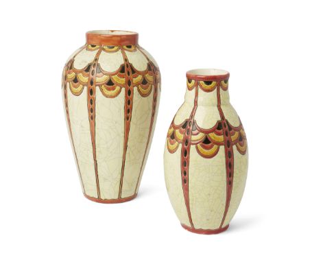 Charles Catteau (1880-1966) for Boch Freres Two Art Deco vases with yellow, orange and black design on crackle glaze yellow g