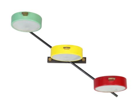 Maison Lunel Adjustable three light wall applique, circa 1955 Lacquered metal, brass, glass 20cm high, 66cm wide It is the bu