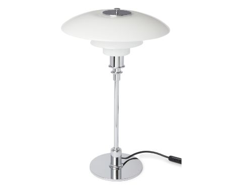 Poul Henningsen (1894-1967) for Louis Poulsen PH 3/2 table lamp, circa 1990 White glass, chromed metal Applied manufacturer's