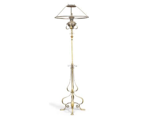 W.A.S. Benson Standard lamp with frame for shade, circa 1900 Brass Shade impressed stamp 'WAS BENSON' 195cm high 