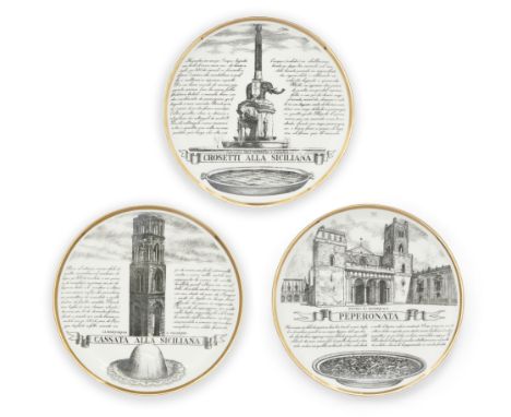 Pierro Fornasetti (1913-1988) Three 'Sicilian Recipes' pattern plates, circa 1970 Printed and gilt porcelain Each with printe
