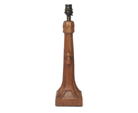 Robert 'Mouseman' Thompson (1876-1955) Table lamp with octagonal column on square base, circa 1940  Oak Carved mouse signatur