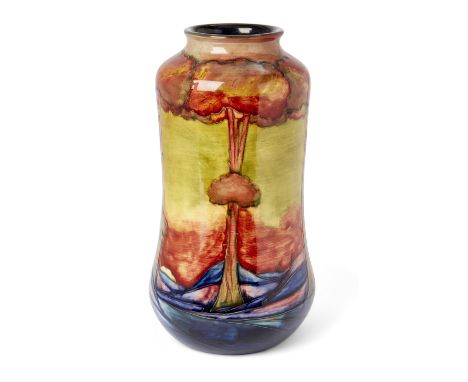 Moorcroft Rare flambe landscape vase or lamp base in rust, blue and purple on olive green ground, circa 1930 Glazed earthenwa