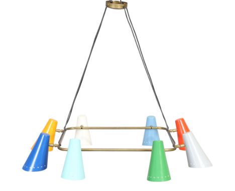 Manner of Stilnovo Eight light ceiling light, late 20th Century Brass, lacquered metal 81cm high, approximately 92cm square I