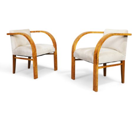 Franco Albini (1905-1977) Pair of scarce armchairs, circa 1935 Burr walnut, suede upholstery 74cm high, 64cm wide Literature 
