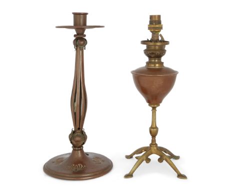 W.A.S. Benson (attributed) Oil lamp converted to electric (possibly model 423) Copper reservoir, brass stem and feet Apparent