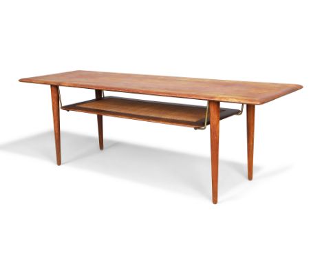 Peter Hvidt & Orla Mølgaard-Nielsen for France & Son Model 'FD516' coffee table, circa 1955 Teak, brass, caned undertier Appl