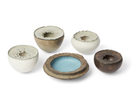 The Studio Works of Deirdre Burnett (1939-2022) Studio Pottery and Contemporary Ceramics Four small footed vessels with partl