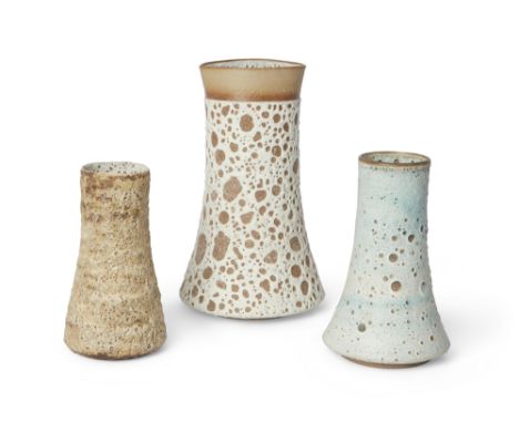 The Studio Works of Deirdre Burnett (1939-2022) Studio Pottery and Contemporary Ceramics Three tapering volcanic glaze vases;