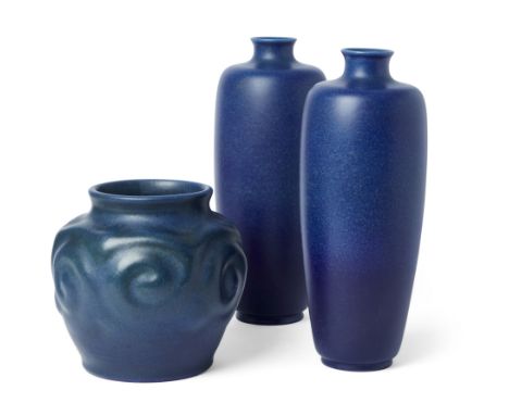 Pilkington's Royal Lancastrian PotteryPair of blue ceramic vases no. 3108, and an ovoid form blue vase moulded with spiral de